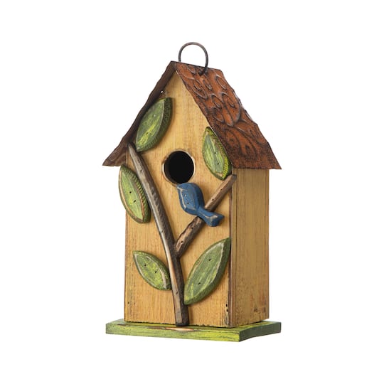 Glitzhome® 9.75" Yellow Distressed Bird & Tree Birdhouse | 5" x 4.25" x 9.75" | Michaels®